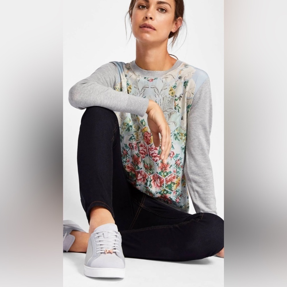 Ted Baker Fareeda Woven Front Knit Sweater Size 4. GUC